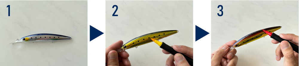 Steps 1-3 of painting fishing lures with Artline IREGUI MARKER