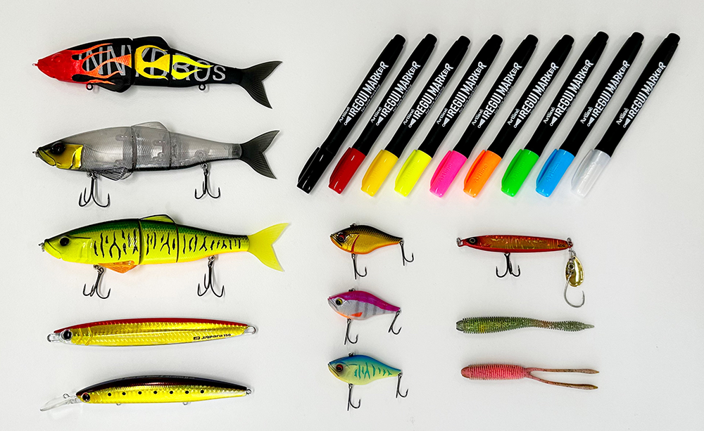 Colourful fishing lures and Artline IREGUI MARKER