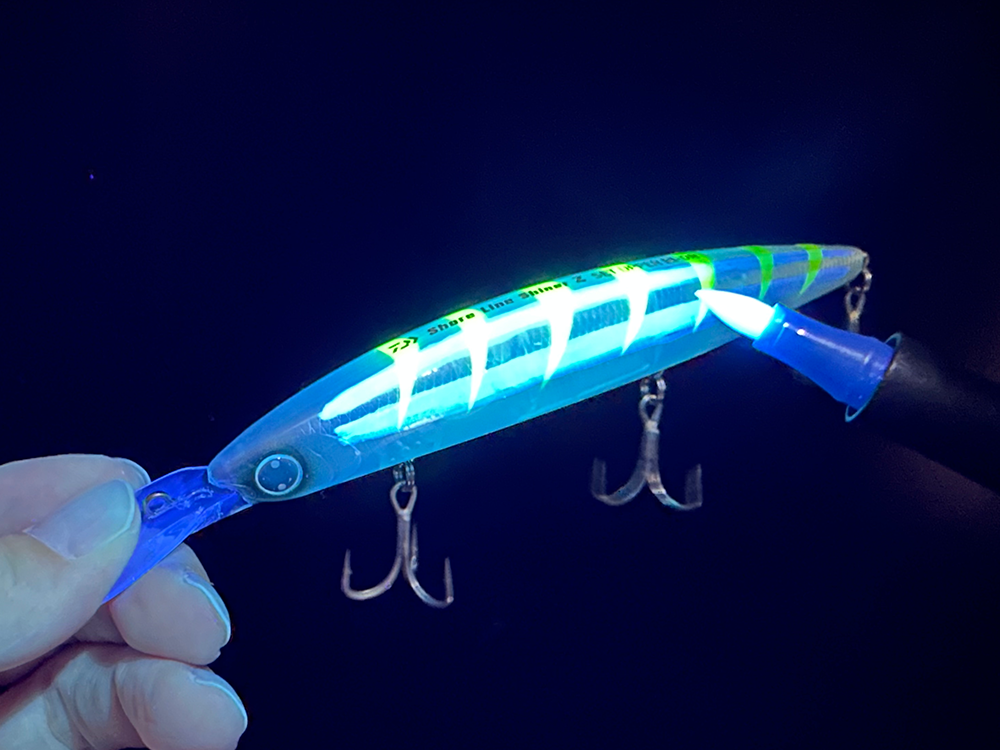a fishing lure is glowing in the dark