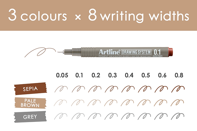 Line up of 3 ink colours & 8 writing widths