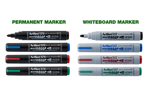 Artline ECO-GREEN markers for permanent and whiteboard use.