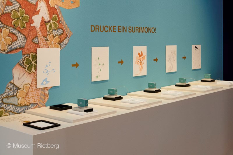 Introduction to Surimono, a vibrant form of Japanese woodblock print, and an interactive Ukiyo-e Layer Stamp display at the Museum Rietberg.