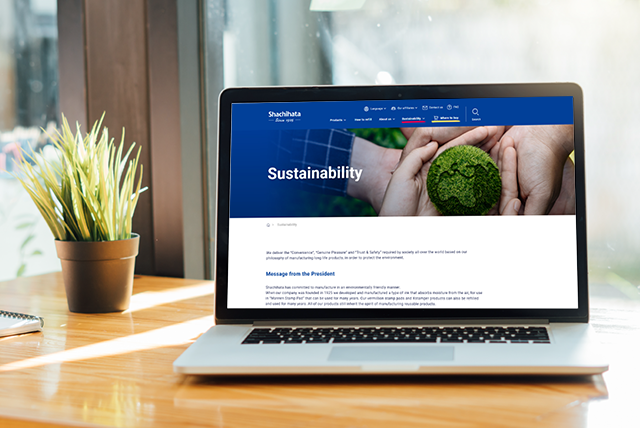 A laptop displaying Shachihata’s “Sustainability” webpage.