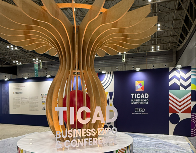 A large wooden sculpture installed at the centre of the TICAD Business Expo & Conference venue