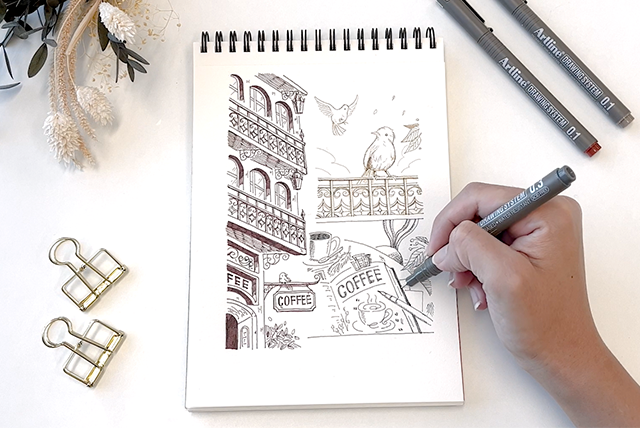 Making illustration on sketch book with Artline DRAWING SYSTEM