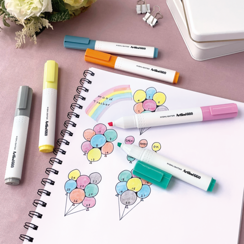 Artline 660 highlighters are on drawing of balloons