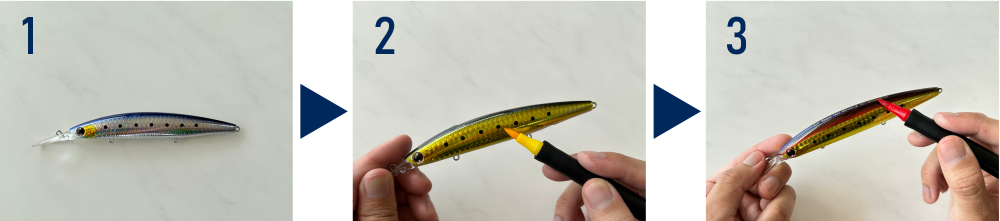 Pasos 1-3 para pintar señuelos de pesca con Artline MARCADOR IREGUI