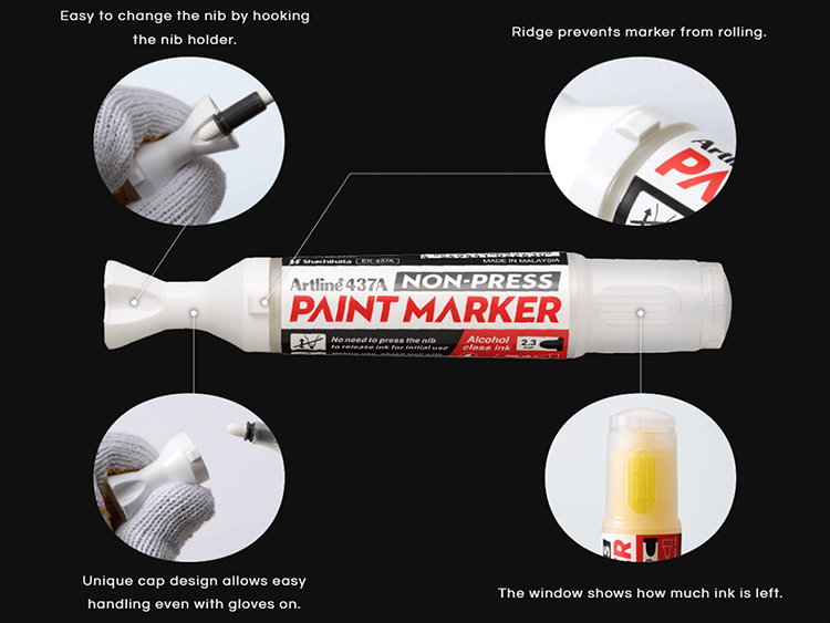 Artline 437A Paint Marker with easy nib change, anti-roll ridge, and ink level window.