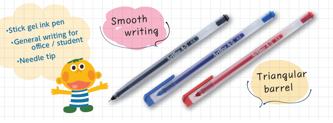 Three Artline A-5 gel ink pens in black, blue, and red, featuring a triangular barrel and smooth writing.