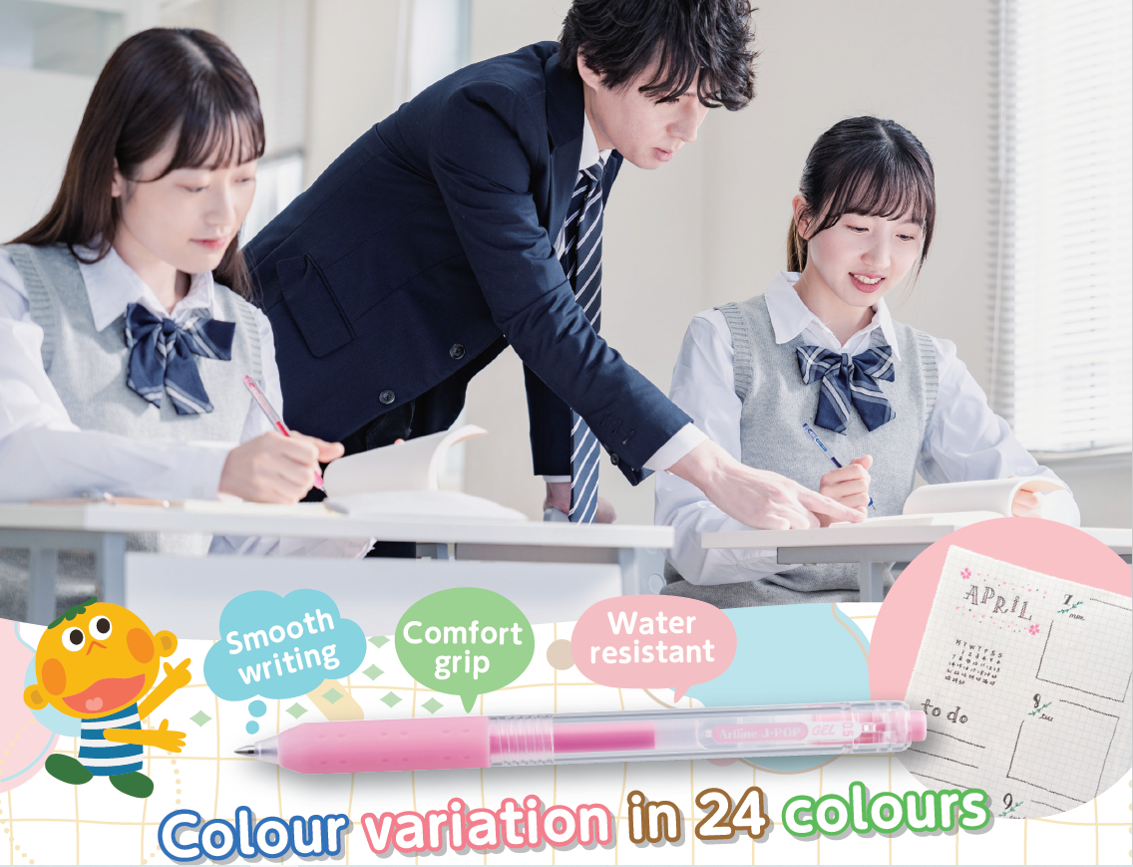 Promotional image for the Artline J-POP gel ink pen, featuring a classroom scene and highlighting its smooth writing, comfort grip, and water-based ink.