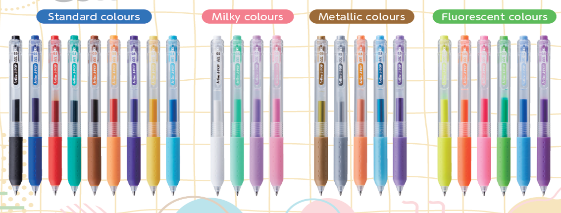 Overview of all 24 colours of the Artline J-POP gel ink pens, grouped into four categories: Standard, Milky, Metallic, and Fluorescent