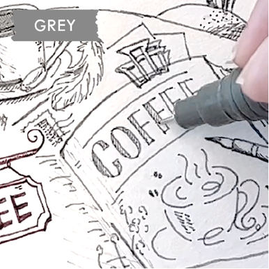 Dibujar una ilustración de una taza de café en un cuaderno con Artline DRAWING SYSTEM Color gris